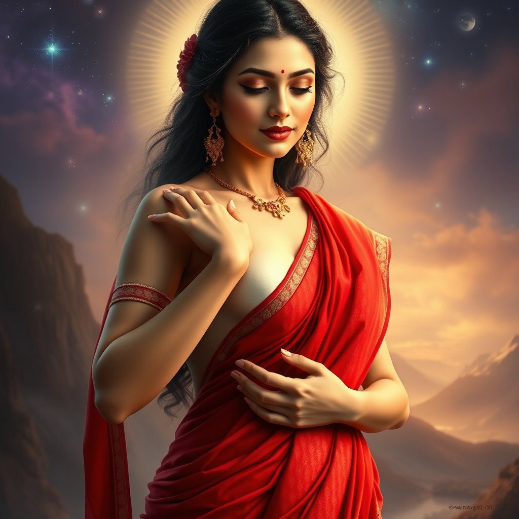 A mesmerizing depiction of a beautiful Devi with a milk-glow complexion, elegantly wearing a vibrant red saree