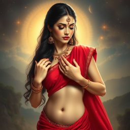 A mesmerizing depiction of a beautiful Devi with a milk-glow complexion, elegantly wearing a vibrant red saree