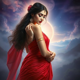 A mesmerizing depiction of a beautiful Devi with a milk-glow complexion, elegantly wearing a vibrant red saree