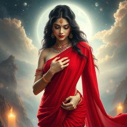 A mesmerizing depiction of a beautiful Devi with a milk-glow complexion, elegantly wearing a vibrant red saree