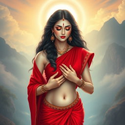 A mesmerizing portrayal of a beautiful Devi with a milk-glow complexion, elegantly draped in a vibrant red saree