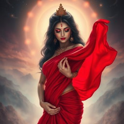 A mesmerizing portrayal of a beautiful Devi with a milk-glow complexion, elegantly draped in a vibrant red saree