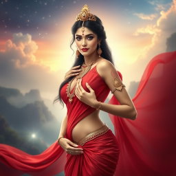 A mesmerizing portrayal of a beautiful Devi with a milk-glow complexion, elegantly draped in a vibrant red saree