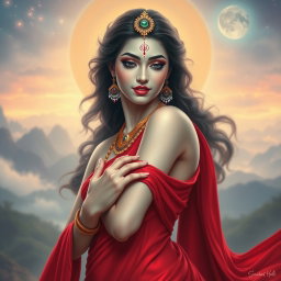A mesmerizing portrayal of a beautiful Devi with a milk-glow complexion, elegantly draped in a vibrant red saree