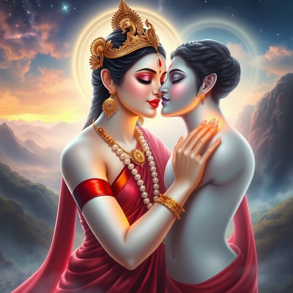 A captivating image of a beautiful Devi with a milk-glow complexion, elegantly dressed in a flowing red saree