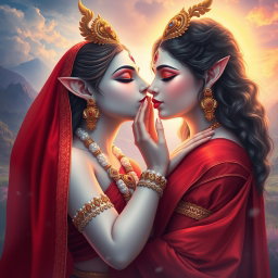 A captivating image of a beautiful Devi with a milk-glow complexion, elegantly dressed in a flowing red saree