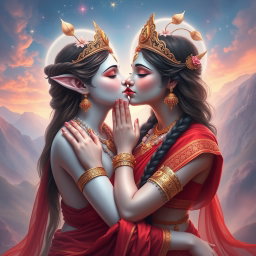 A captivating image of a beautiful Devi with a milk-glow complexion, elegantly dressed in a flowing red saree