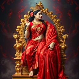 A divine and captivating portrayal of a beautiful Hindu goddess wearing an exquisite red saree that elegantly drapes over her form, accentuating her allure