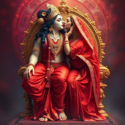 A divine and captivating portrayal of a beautiful Hindu goddess wearing an exquisite red saree that elegantly drapes over her form, accentuating her allure