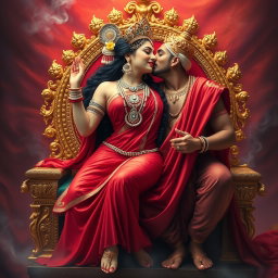A divine and captivating portrayal of a beautiful Hindu goddess wearing an exquisite red saree that elegantly drapes over her form, accentuating her allure