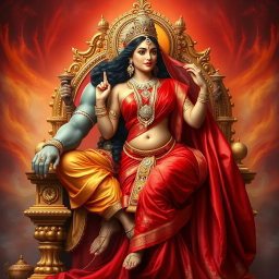 A divine and captivating portrayal of a beautiful Hindu goddess wearing an exquisite red saree that elegantly drapes over her form, accentuating her allure