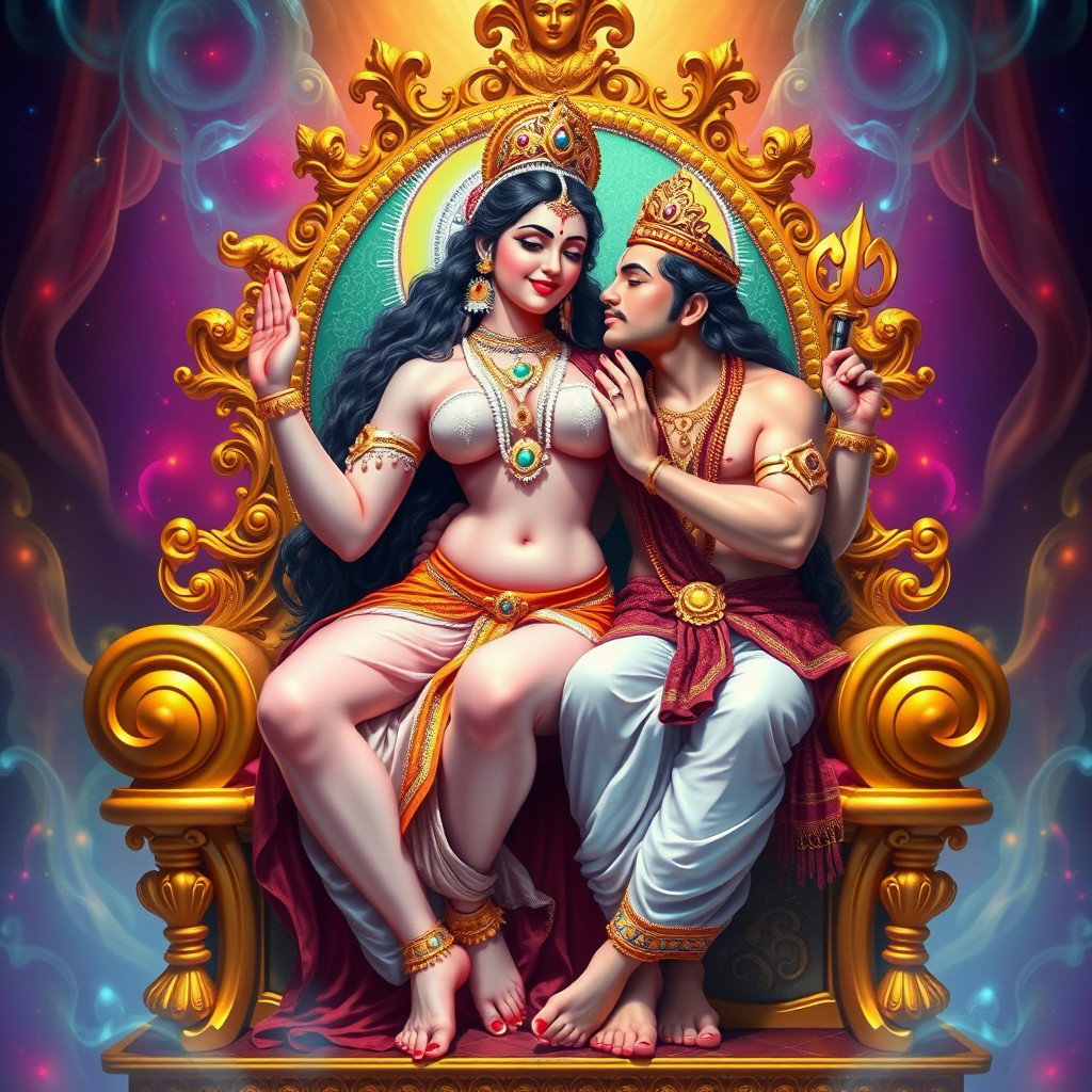 A stunning depiction of a beautiful Devi goddess, adorned with delicate payal on her feet, showcasing her divine elegance