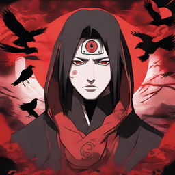 Itachi Uchiha, the legendary Naruto character, in his Akatsuki robe. His Sharingan eyes glow fiercely. The name 'Itachi' is boldly scripted beside him against a background filled with magpies and a full moon.