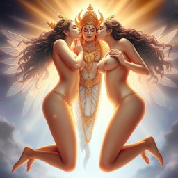 An enchanting scene featuring two apsaras with beautiful, glowing, divine skin, exuding ethereal beauty