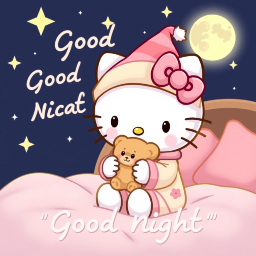 A cute and charming image of Hello Kitty, designed for a good night theme