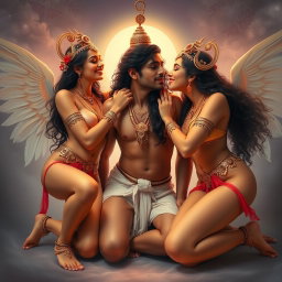 Three beautiful celestial beings with glowing skin, each adorned with intricate payal (anklets) on their feet