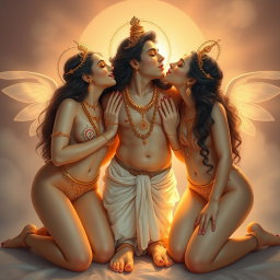 Three beautiful celestial beings with glowing skin, each adorned with intricate payal (anklets) on their feet