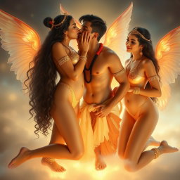Three beautiful celestial beings with glowing skin, each adorned with intricate payal (anklets) on their feet