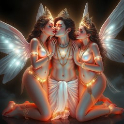 Three beautiful celestial beings with glowing, divine skin, each adorned with intricate payal (anklets) on their feet, creating an enchanting and ethereal atmosphere