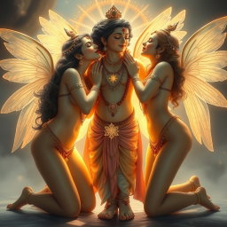 Three beautiful celestial beings with glowing, divine skin, each adorned with intricate payal (anklets) on their feet, creating an enchanting and ethereal atmosphere