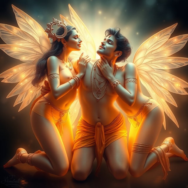 Three beautiful celestial beings with glowing, divine skin, each adorned with intricate payal (anklets) on their feet, creating an enchanting and ethereal atmosphere