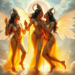 Three stunning celestial apsaras with beautifully glowing skin, each adorned with exquisite payal (anklets) on their feet, set in a heavenly realm known as Swarglok