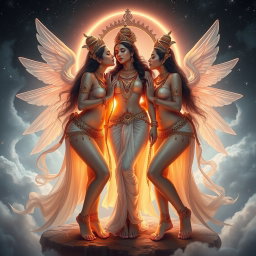 Three stunning celestial apsaras with beautifully glowing skin, each adorned with exquisite payal (anklets) on their feet, set in a heavenly realm known as Swarglok