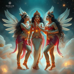 Three stunning celestial apsaras with beautifully glowing skin, each adorned with exquisite payal (anklets) on their feet, set in a heavenly realm known as Swarglok