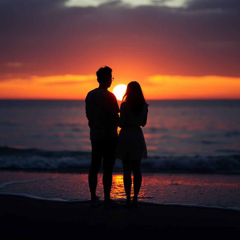 A serene and romantic scene capturing the essence of silent love, with a beautifully lit sunset in the background