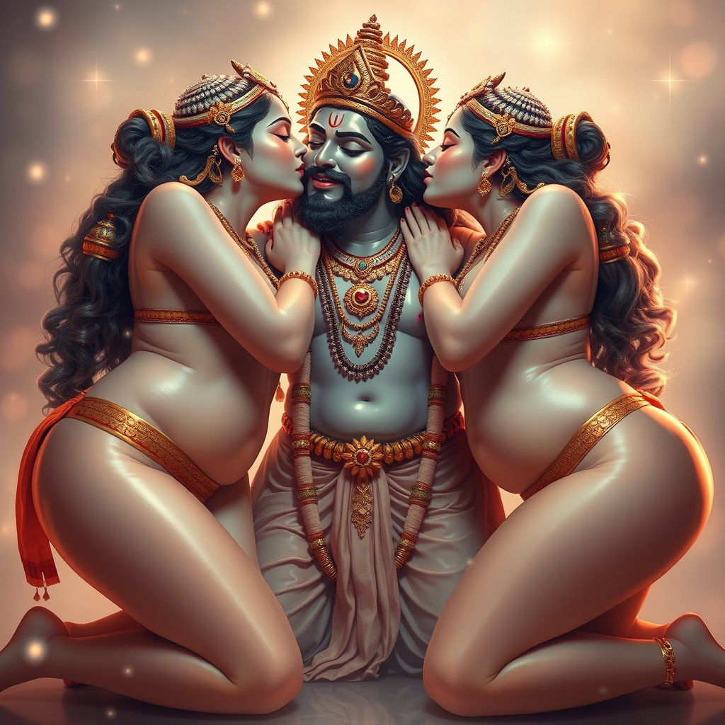 Three beautiful apsaras with divine glowing skin, wearing traditional payals on their feet