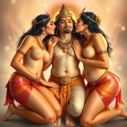 Three beautiful apsaras with divine glowing skin, wearing traditional payals on their feet