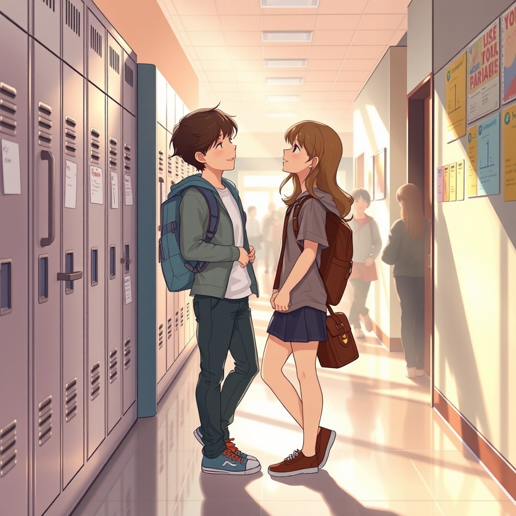 A charming illustration of silent love in a school setting, featuring two high school students standing quietly in a sunlit hallway