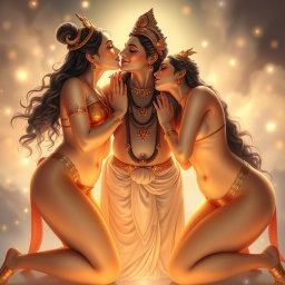 Three beautiful apsaras with divine glowing skin, wearing traditional payals on their feet