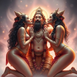 Three beautiful apsaras with divine glowing skin, wearing traditional payals on their feet