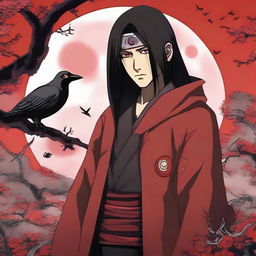 Itachi Uchiha, the legendary Naruto character, in his Akatsuki robe. His Sharingan eyes glow fiercely. The name 'Itachi' is boldly scripted beside him against a background filled with magpies and a full moon.