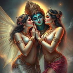 Two beautiful apsaras with divine, glowing skin, exuding an ethereal aura
