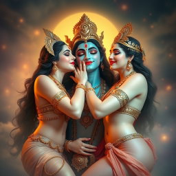 Two beautiful apsaras with divine, glowing skin, exuding an ethereal aura