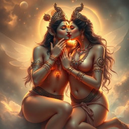 Two beautiful apsaras with divine, glowing skin, exuding an ethereal aura