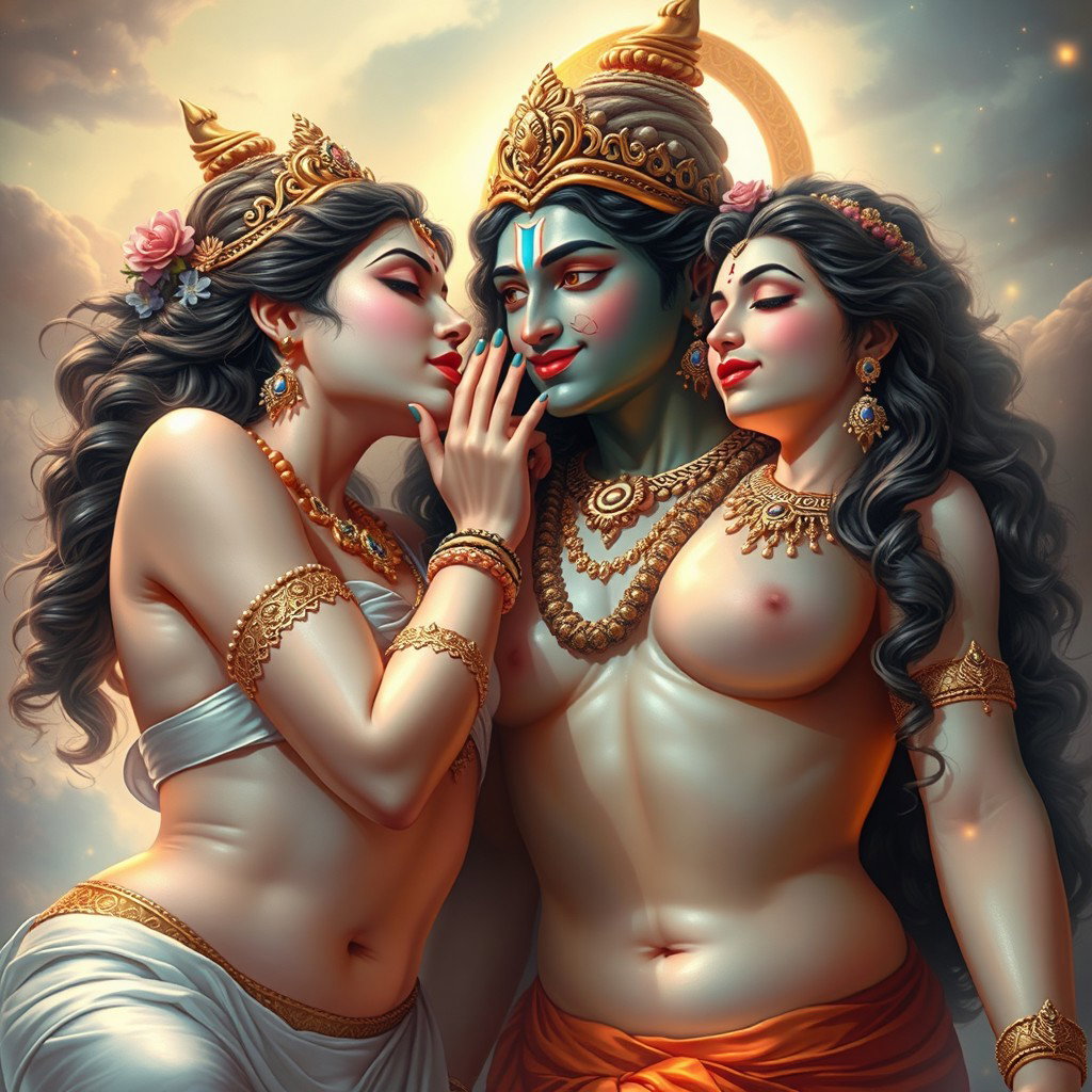Two beautiful apsaras with divine, glowing skin, exuding an ethereal aura