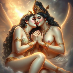 Two beautiful apsaras with divine, glowing skin, exuding an ethereal aura