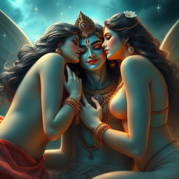 Two beautiful apsaras with divine, glowing skin, exuding an ethereal aura