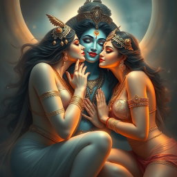 Two beautiful apsaras with divine, glowing skin, exuding an ethereal aura