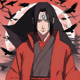 Itachi Uchiha, the legendary Naruto character, in his Akatsuki robe. His Sharingan eyes glow fiercely. The name 'Itachi' is boldly scripted beside him against a background filled with magpies and a full moon.