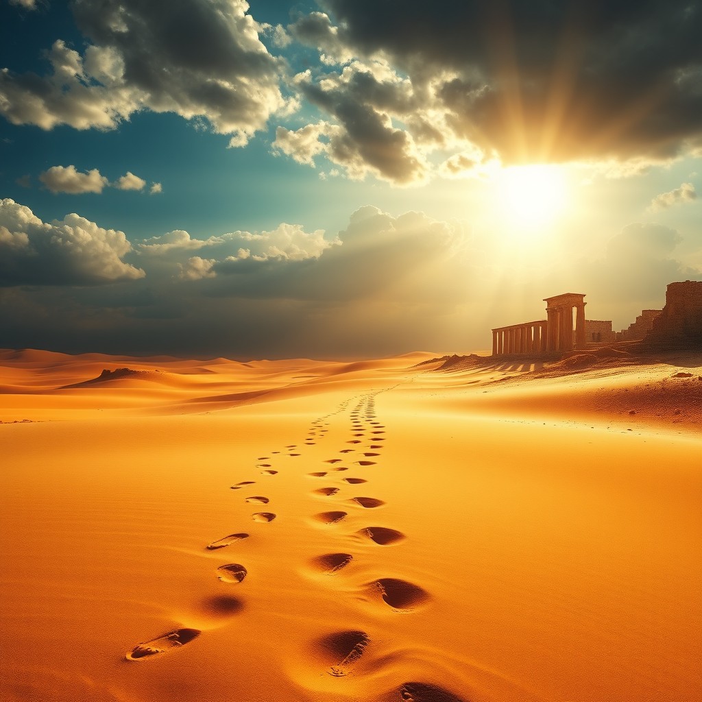 A vast desert landscape featuring numerous footprints leading through the golden sands