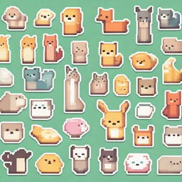 Create adorable stickers featuring pixel art versions of various animals and creatures.