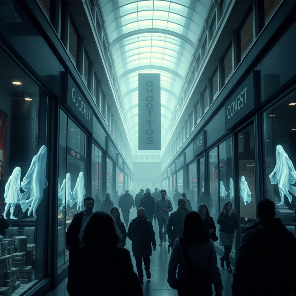 An intriguing image depicting a bustling shopping mall with engaging ghost-like figures in store windows, symbolizing the concept of 'ghost stores'