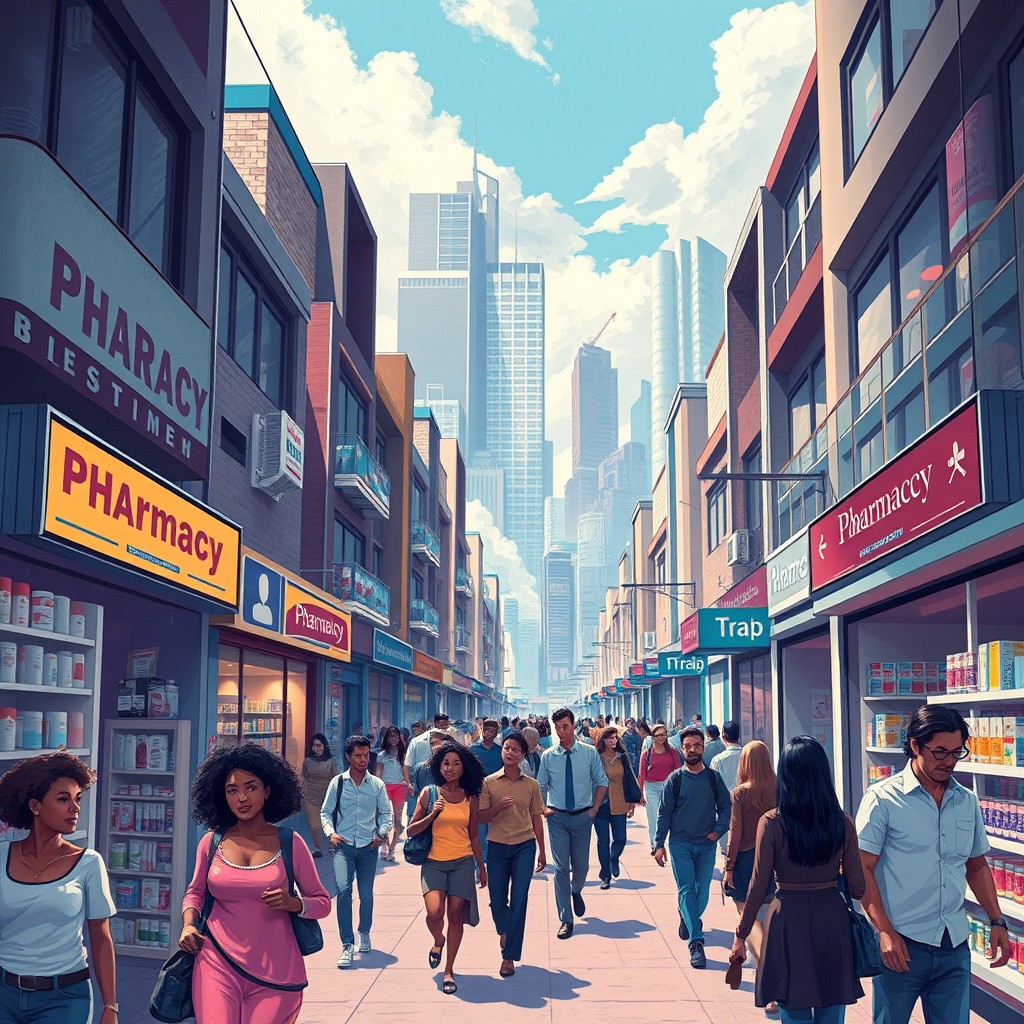 A thought-provoking editorial illustration depicting a bustling urban street scene with pharmacies at every corner, showcasing a myriad of colorful pill bottles and medicine boxes