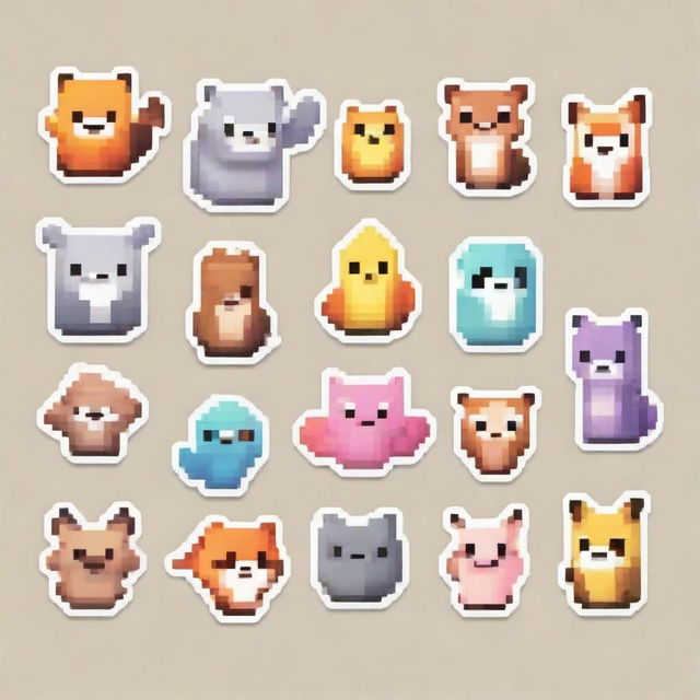 Create adorable stickers featuring pixel art versions of various animals and creatures.