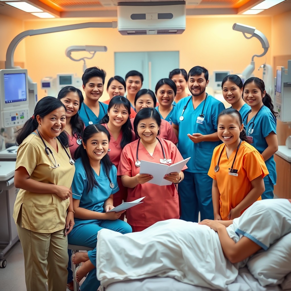 A diverse group of Filipino nurses in a modern hospital setting