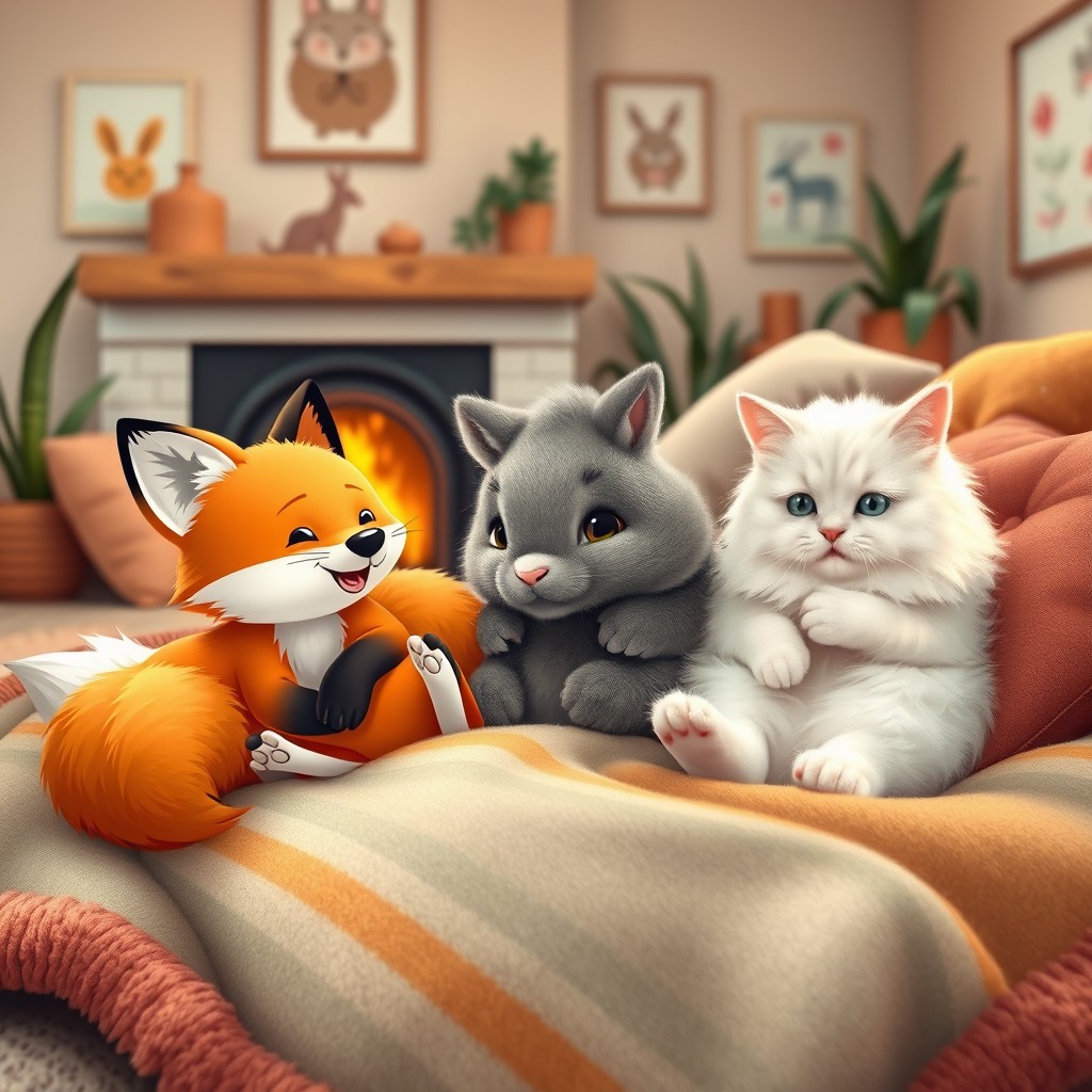 A cozy scene featuring three cute animals: a playful fox, an adorable rabbit, and a fluffy cat